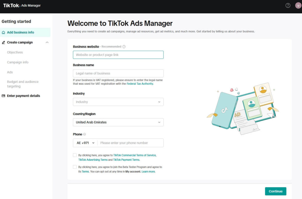 TikTok Ads Manager Business Information