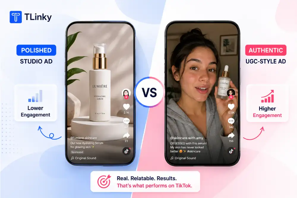 Comparison of polished TikTok ad versus authentic UGC-style