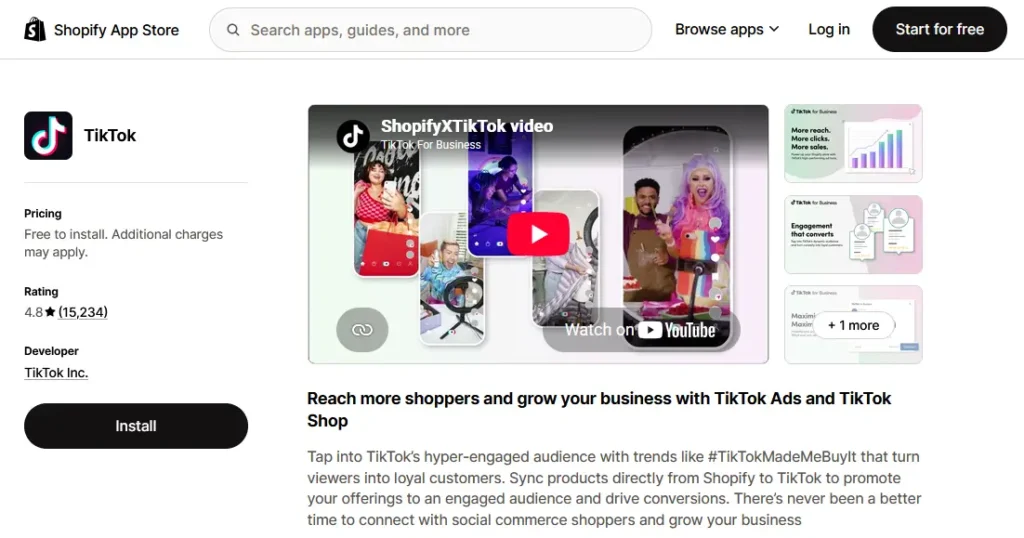 TikTok app listing in Shopify App Store