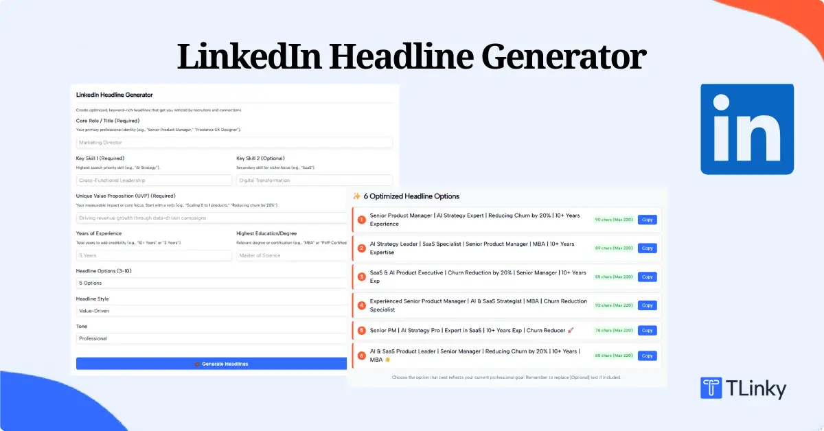 LinkedIn Headline Generator | AI-Powered Optimized Headlines - TLinky