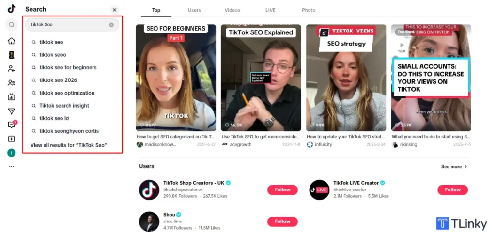 TikTok search results page