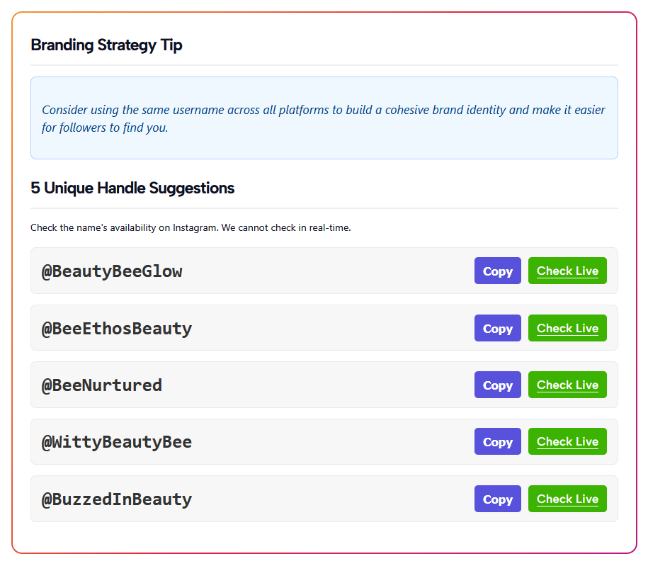Instagram Username Generator Output