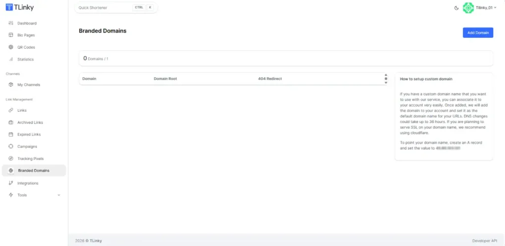 Adding a domain to TLinky