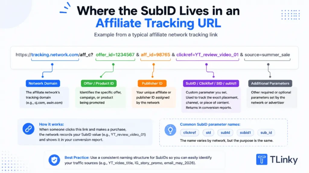Annotated diagram showing SubID parameter placement inside an affiliate network tracking URL