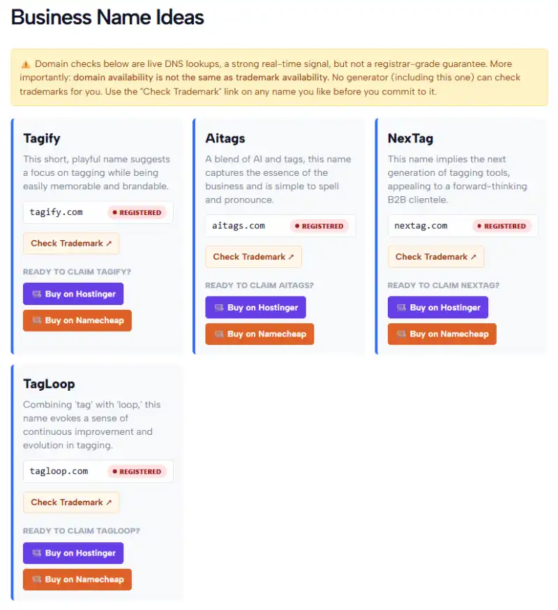 AI-generated business name ideas with copy options
