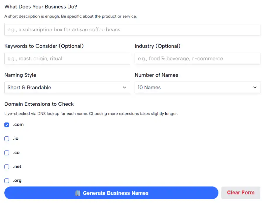 AI Business Name Generator tool interface for creating unique and brandable business names