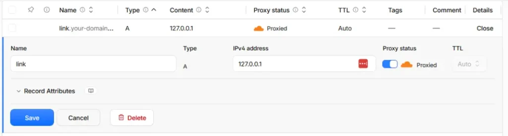 Example DNS A record configuration