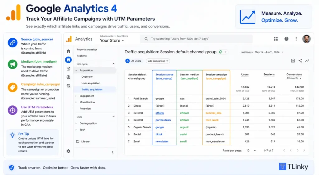 Google Analytics 4 acquisition report showing UTM campaign breakdown