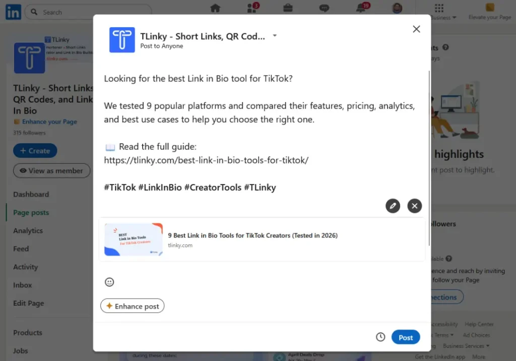 LinkedIn post composer showing a short link with correct preview card