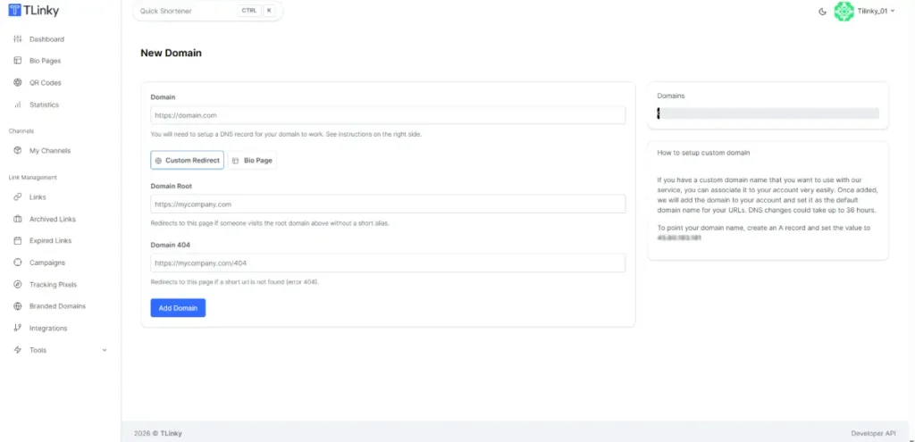 TLinky add new domain details