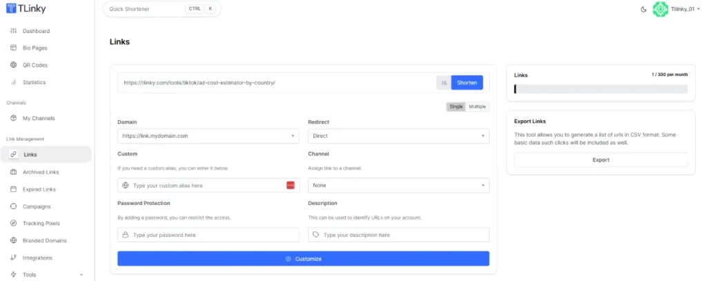 TLinky URL shortener dashboard showing how to set a custom alias when shortening an affiliate link