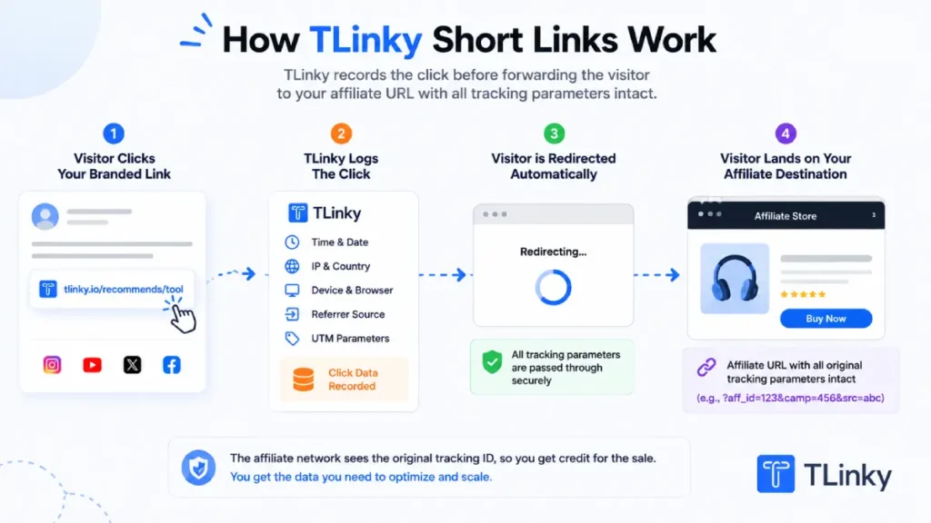 Diagram showing how a URL shortener logs affiliate link clicks and redirects visitors to the affiliate destination