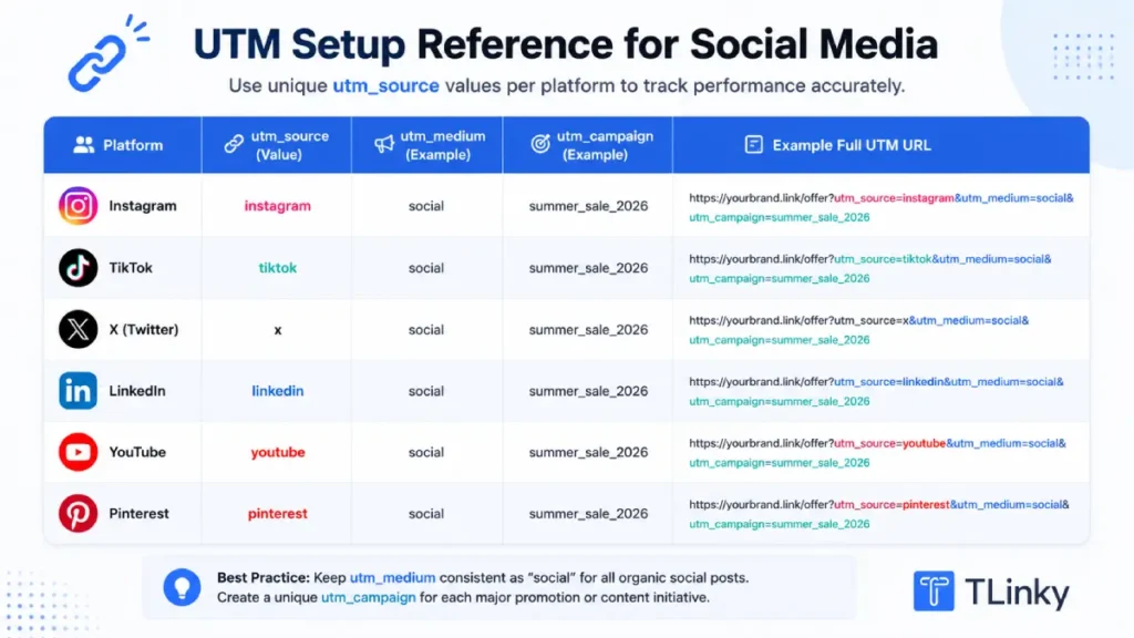 UTM setup reference showing utm_source values per platform