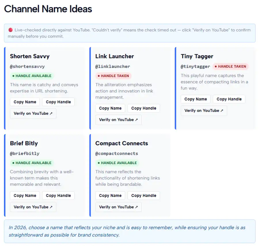AI-generated YouTube channel name ideas with copy options