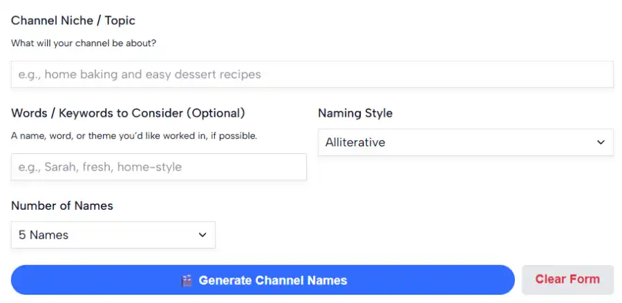 YouTube Channel Name Generator tool interface for creating unique channel names with AI