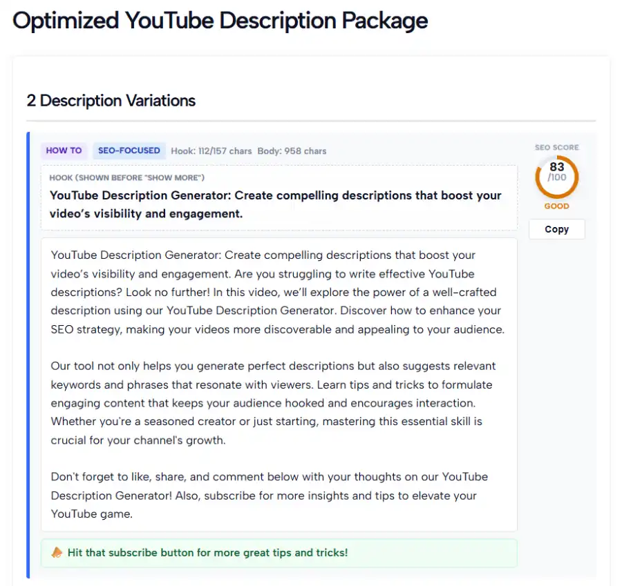 AI-generated YouTube video descriptions with SEO optimization and copy options