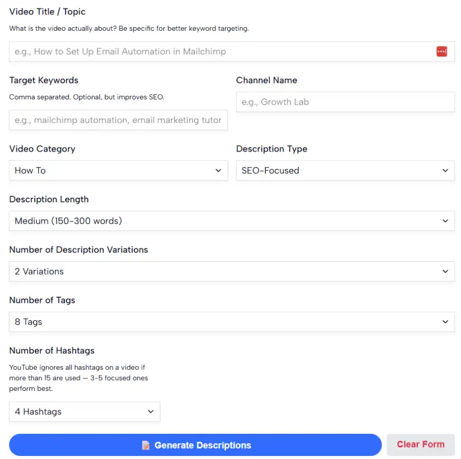 YouTube Description Generator tool interface for creating SEO-friendly video descriptions with AI