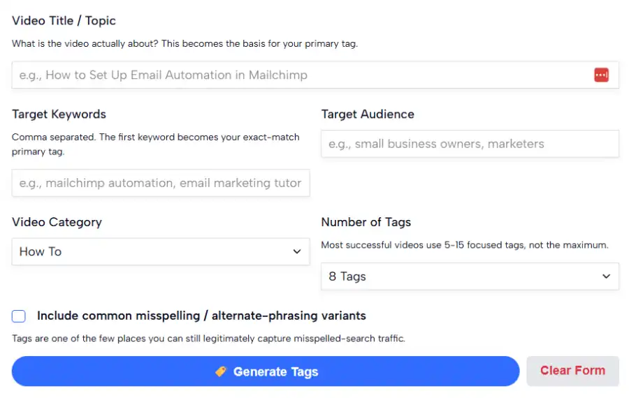 YouTube Tags Generator tool interface for creating SEO-friendly video tags with AI