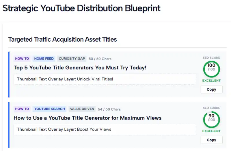 AI-generated YouTube title suggestions with SEO scores and copy options
