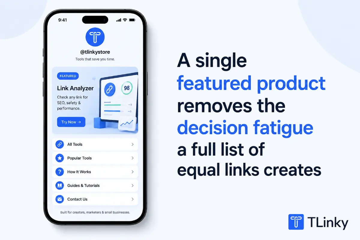 Bio link page with one hero product featured above smaller secondary links