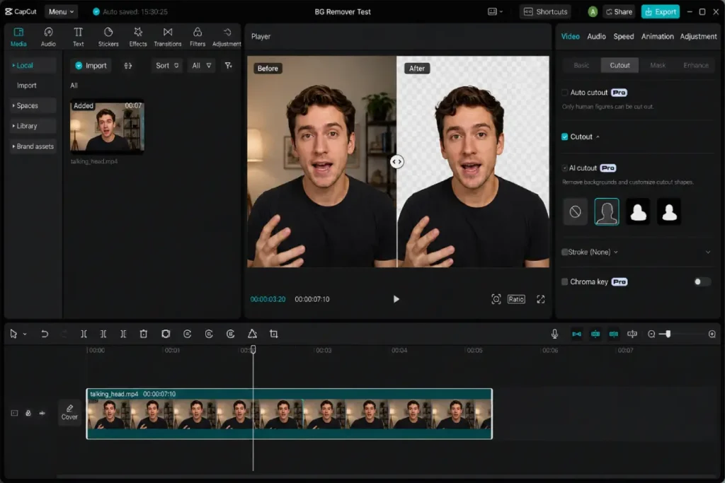 CapCut background remover tool showing before and after subject isolation