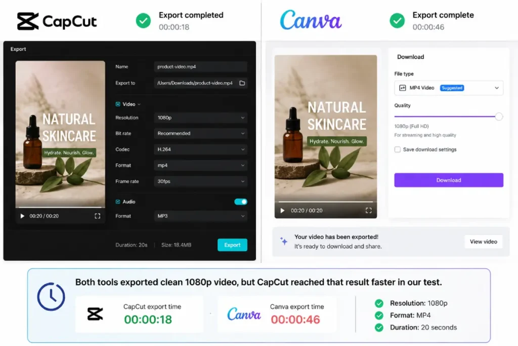 Export comparison between CapCut and Canva showing final video output settings
