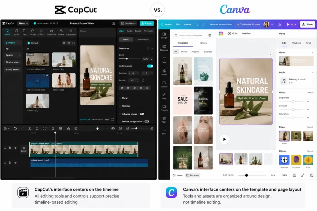 CapCut and Canva video editor interfaces compared side by side