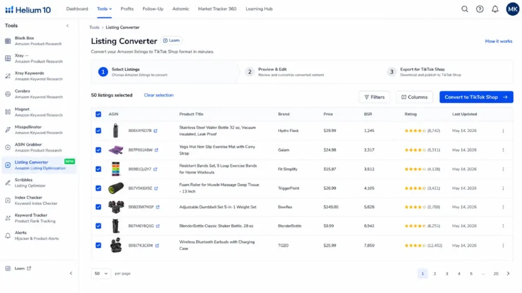 Helium 10 Product Listing Converter tool interface
