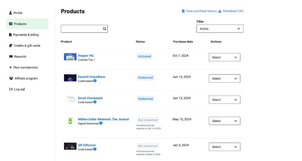 AppSumo Products page filter menu for sorting redeemed and unredeemed deals