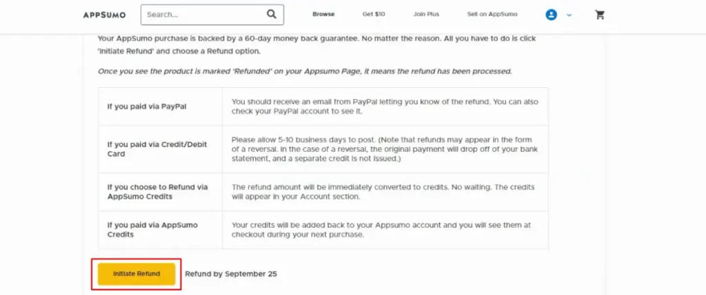 AppSumo refund request screen with a dropdown for selecting a refund reason