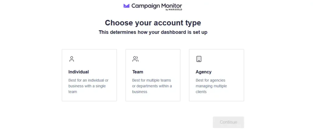 Campaign Monitor sign up account type