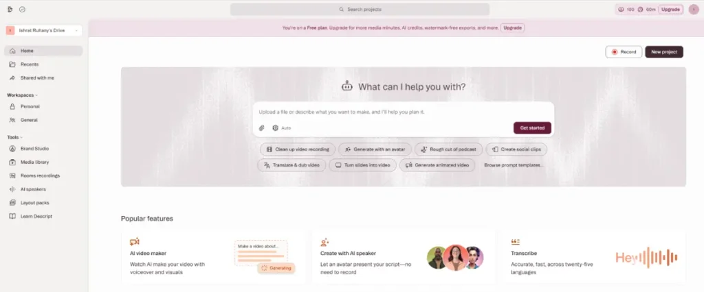 Descript dashboard
