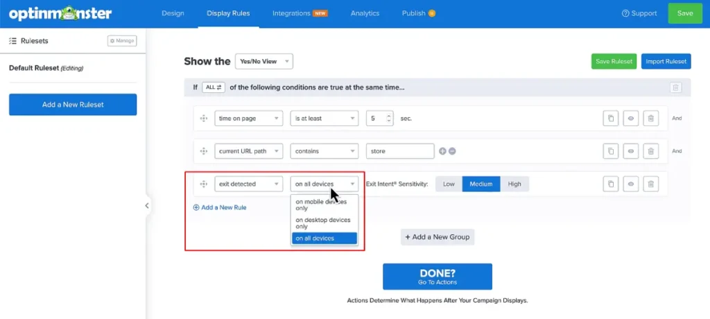 OptinMonster Exit Intent trigger configuration screen