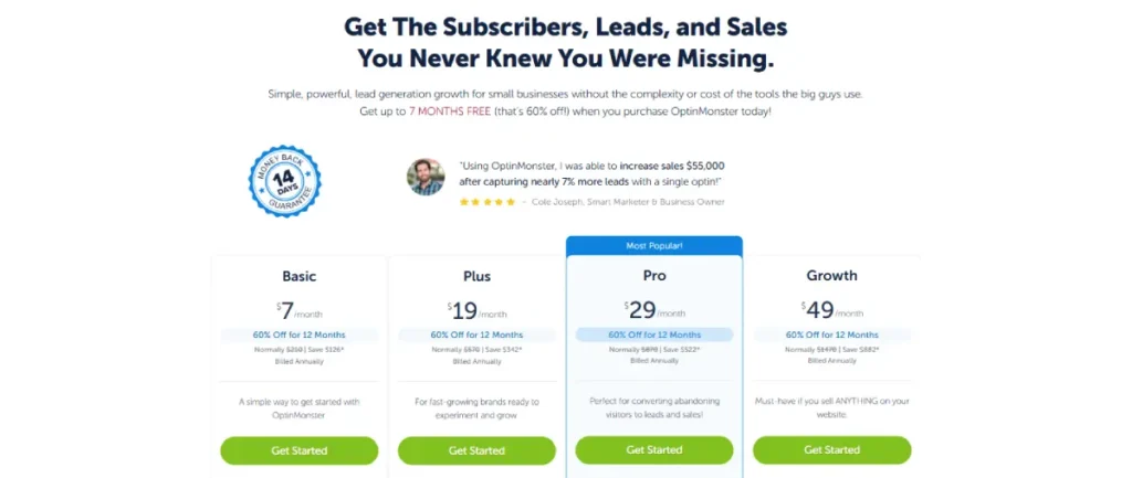 OptinMonster pricing page