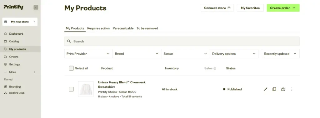 Printify free plan dashboard after store connection
