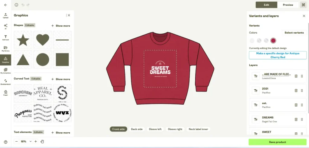 Printify Product Creator tool showing a design placed on a product mockup