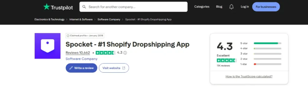 Spocket on trustpilot