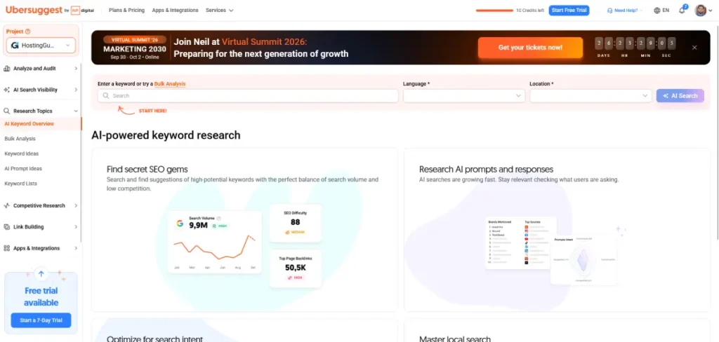 Ubersuggest dashboard